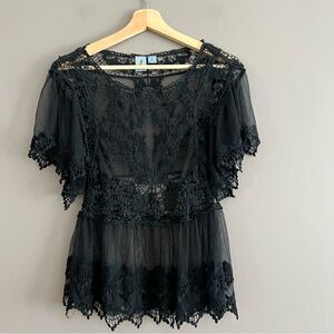 Pink Melo Women’s Pullover Top Sheer Crochet Fairy Romantic Coquette Black Sz M